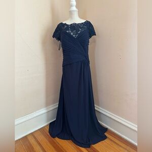 La Femme Navy Lace Mother of the Bride Dress